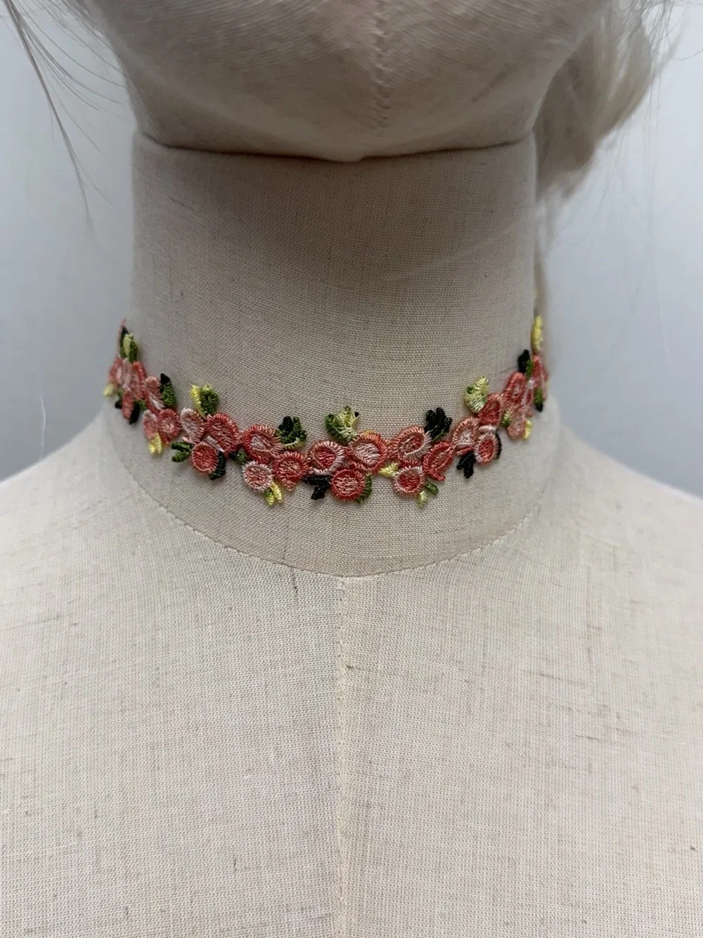 Pink Floral Lace Choker Necklace Embroidered Flowers Cottagecore Coquette